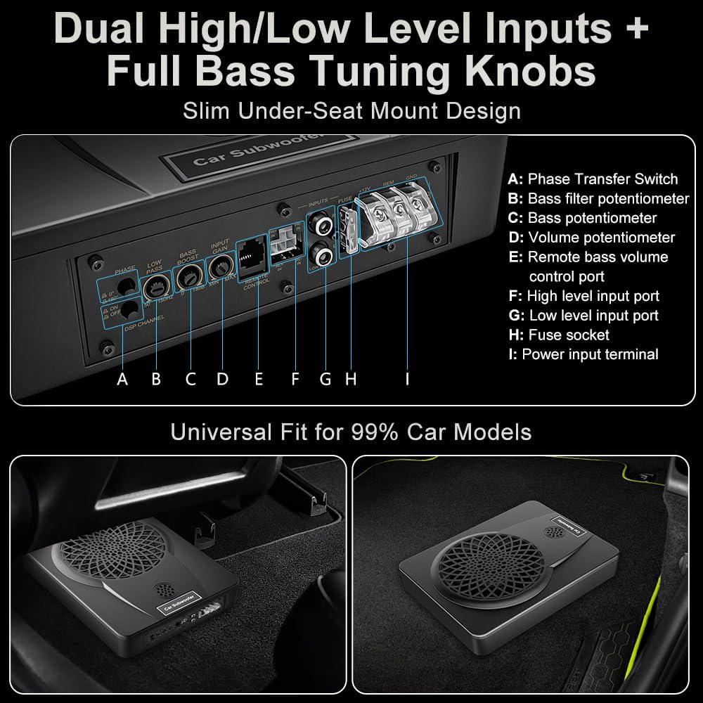 litillbuly 1200W 10'' Car Subwoofer Ultra-Thin Underseat Subs AMP Package | High/Low Level Inputs, Colorful LED Breathing Light Remote Control Enhanced Bass for Truck/SUV/Car/Jeep/MPV