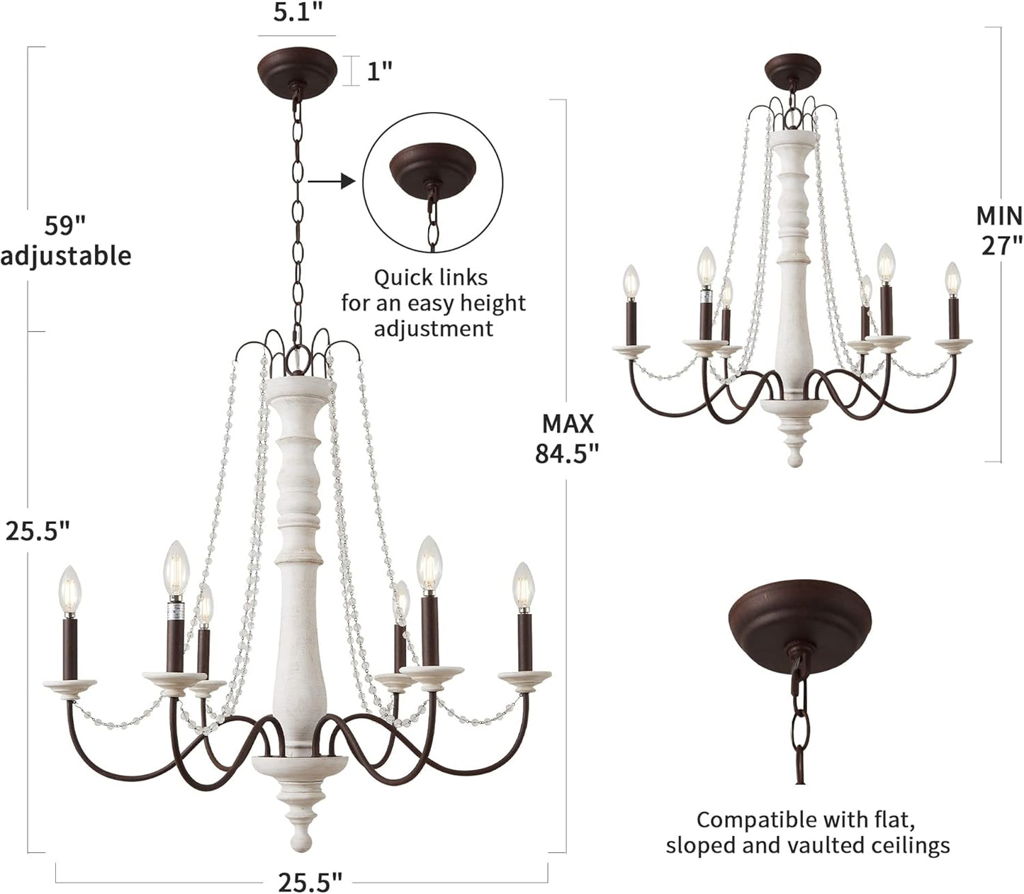 Yifi Deco French Country Chandelier, 25.5in Handmade Real Wood Farmhouse Chandelier Candle Style Hanging Pendant Lighting for Living Room Dining Room