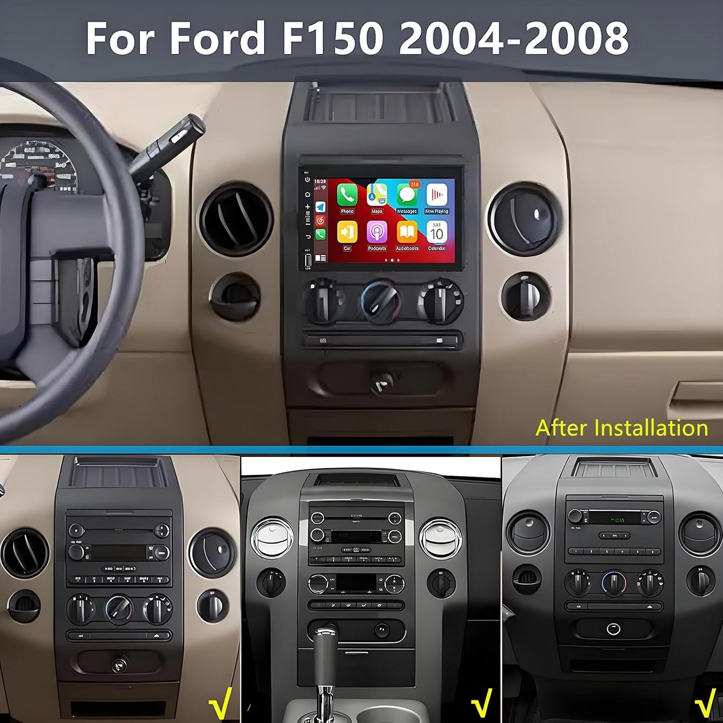 Car Radio for Ford F150 2004-2008: 8-Core 4GB+32GB Android 14 Head Unit | Wireless CarPlay & Android Auto, 7 inch Touchscreen, GPS Navigation, FM, Wifi, Bluetooth, Faster Stable Connection