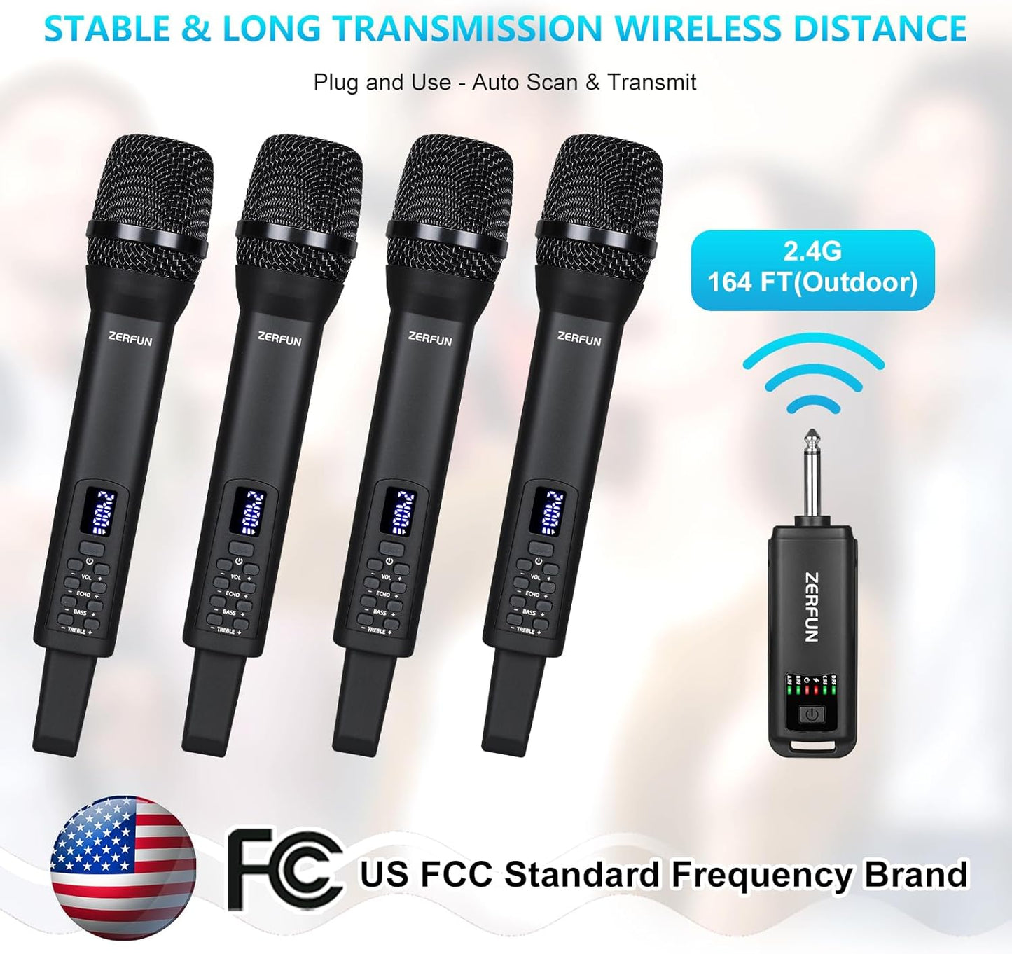 Rechargeable Wireless Microphones 4, Pro Handheld Cordless Mics System Dynamic with Echo Treble BASS VOL Contr