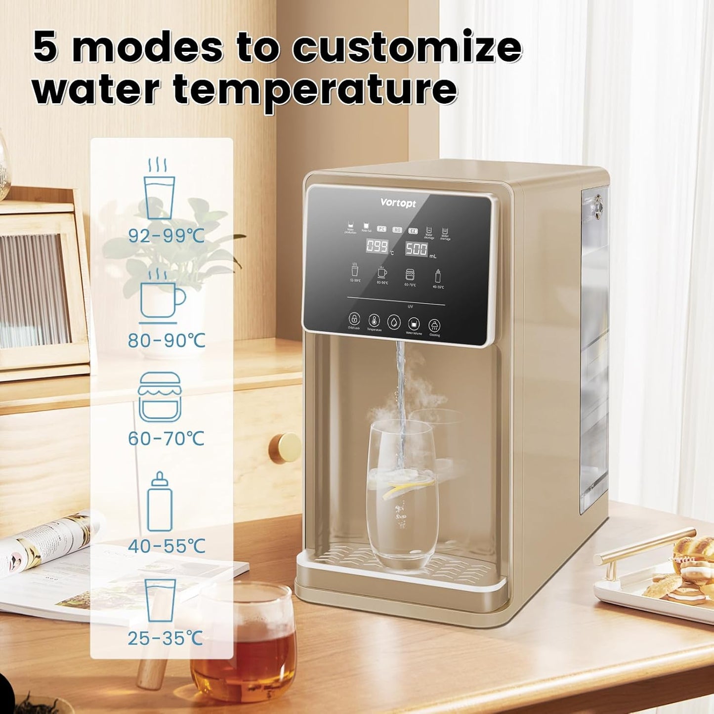 Vortopt Countertop Reverse Osmosis System - 5 Stage Counter Top RO Water Filter, 0.0001um Purification for Drinking, Reduces TDS, Fast Heating Water