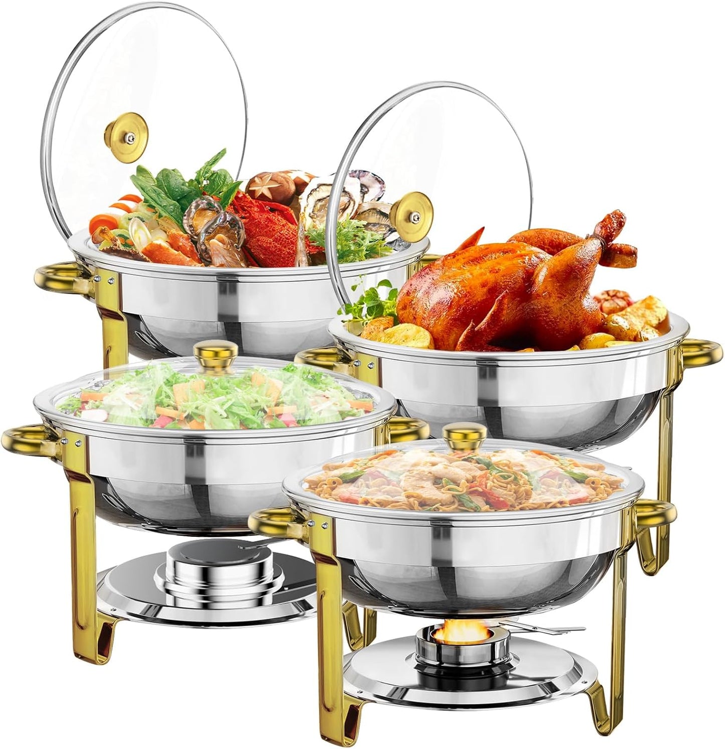 PitInnov Chafing Dish Buffet Set 4 Pack, 5 QT Round Chafing Dishes for Buffet, Stainless Steel Chafers and Buffet Warmers Sets, Catering Food Warmer