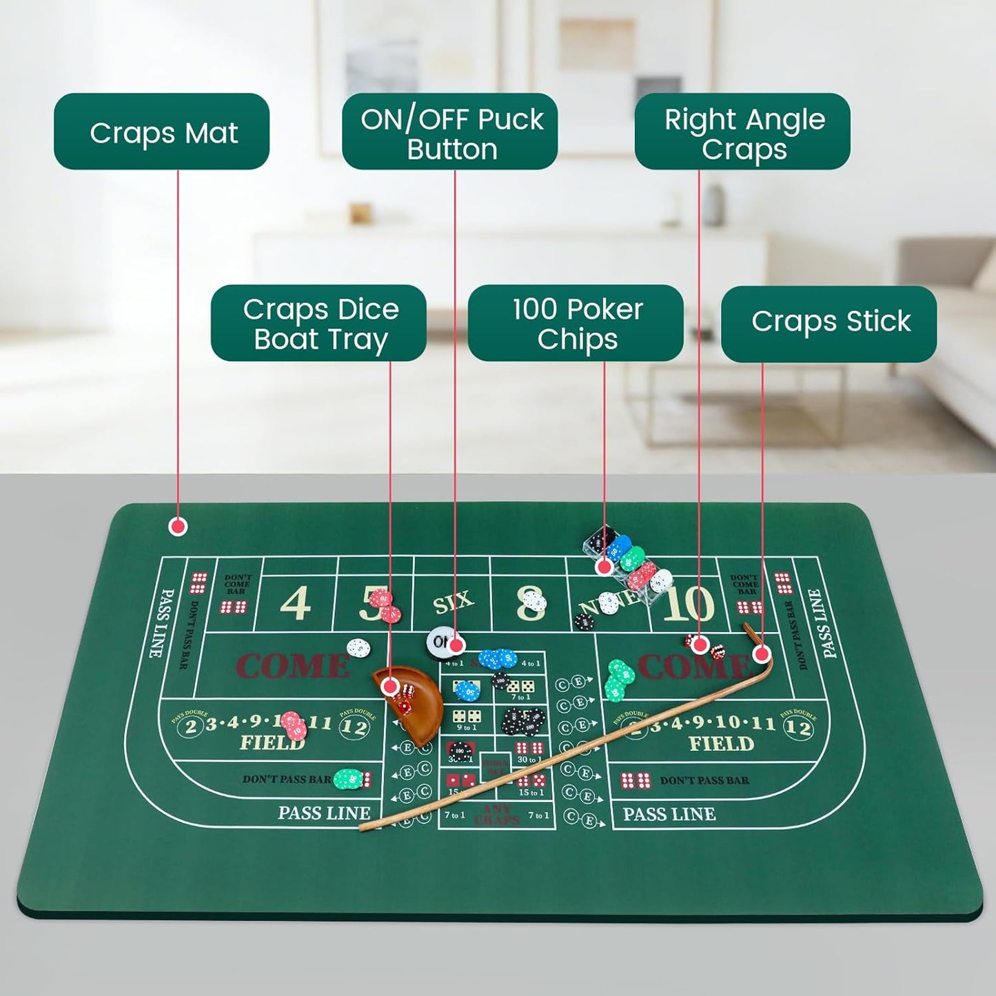 Craps Tabletop Game Set with 35 * 70" Rubber Craps Tabletop Layout Mat, 36" Rattan Stick, Casino Grade 19mm Dice, On/Off Button and 100 pcs Chips Craps Game Layout for Party Green