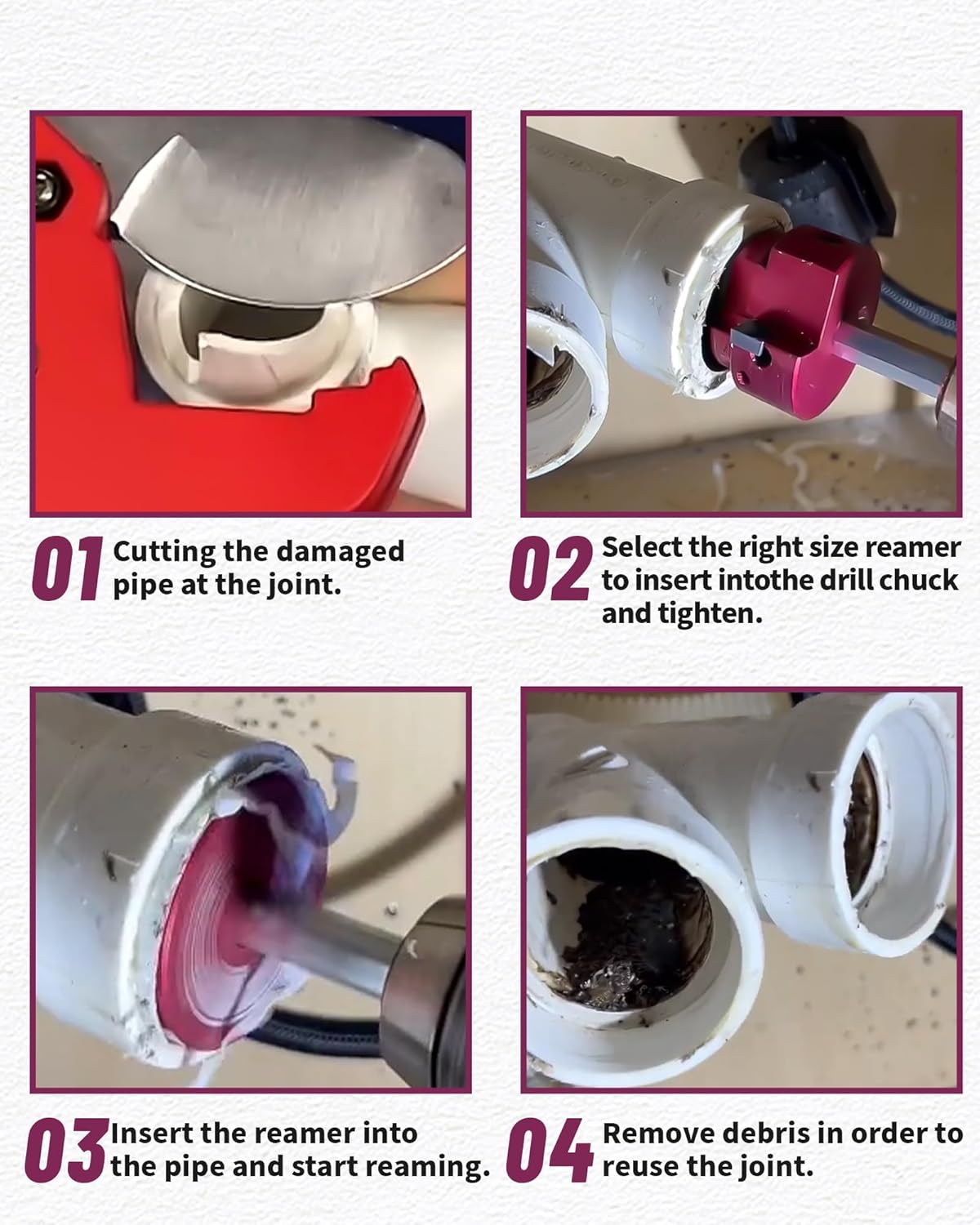 4 Pcs PVC Pipe Reamer Kit With 1-1/2inch, 2inch, 3inch, 4inch Head Aluminum PVC Fitting Saver, PVC Socket Saver For SCH40 PVC, ABS PVC Pipe, Water