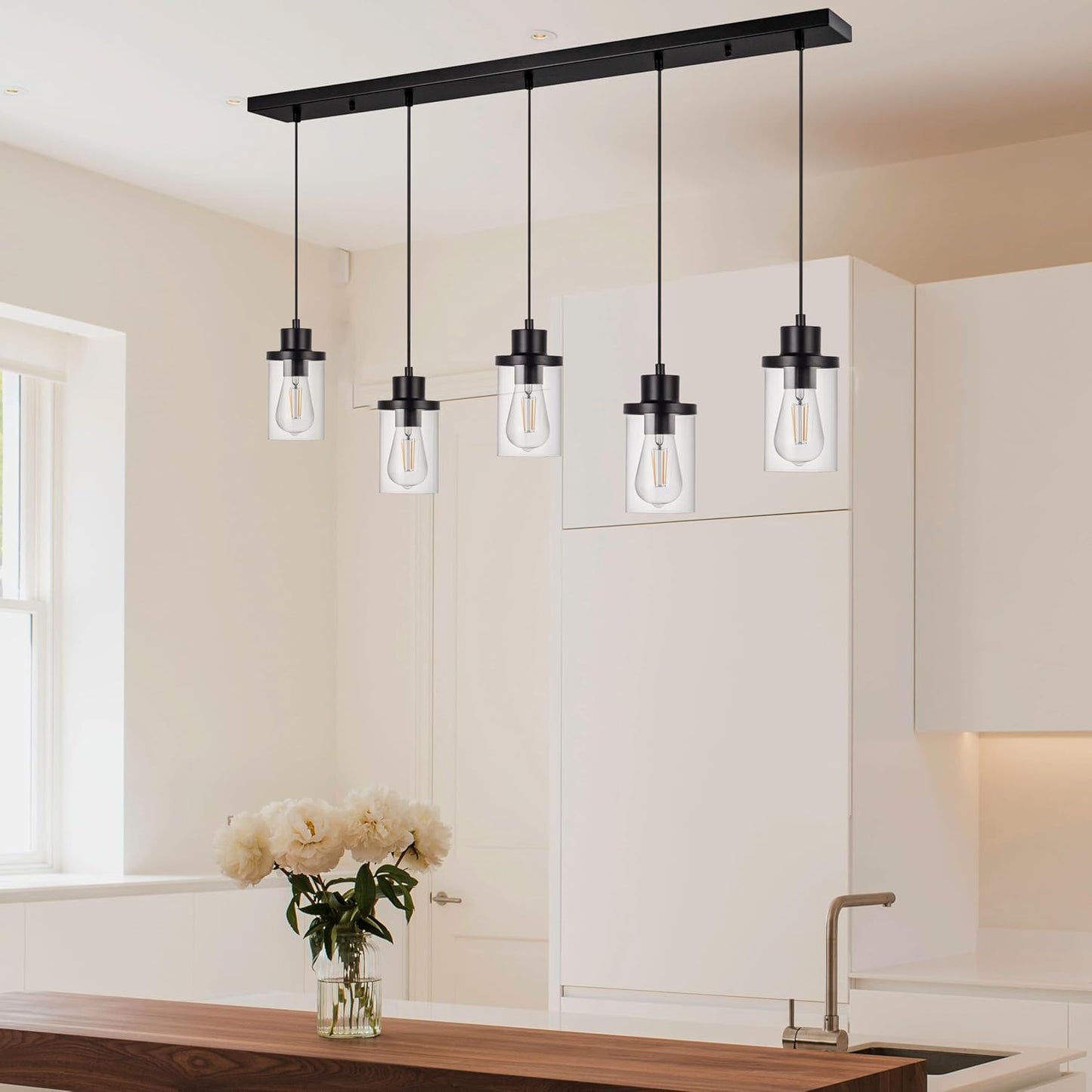 5-Light Pendant Lighting Fixtures with Clear Glass Shades, Farmhouse Flush Mount Industrial Black