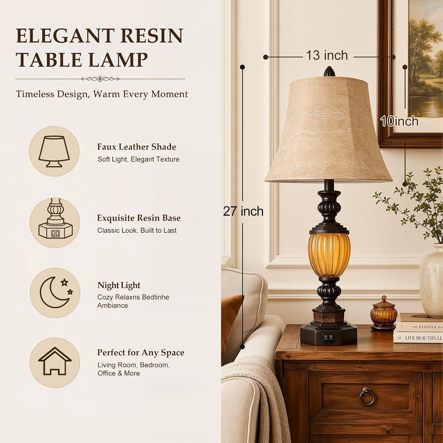 Scenekoy Resin Lamps for Nightstand, Table Lamp Set of 2 with Night Light