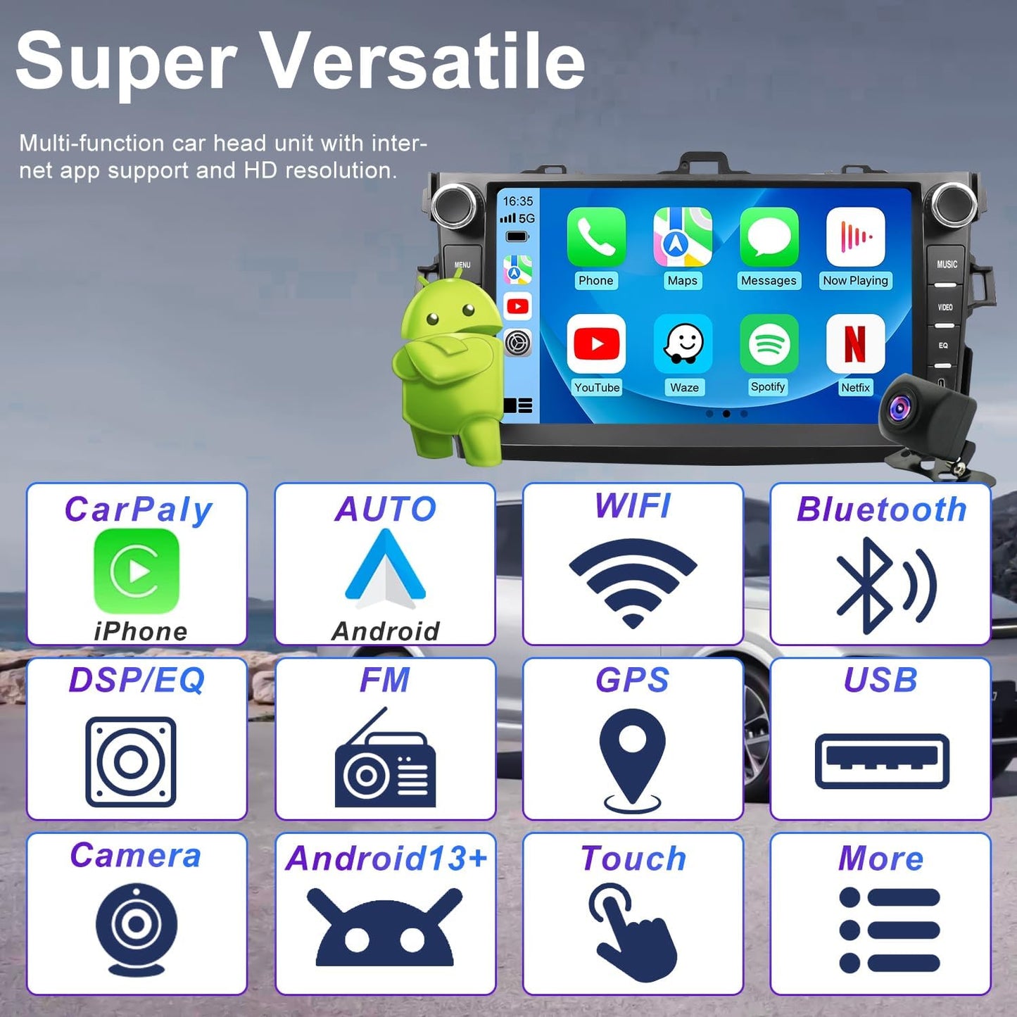 Upgrade Android Car Radio Stereo for Toyota Corolla 2009 2010 2011 2012 2013, 8 Inch Touch Screen Head Unit with Wireless Carplay Android Auto GPS Navigation FM Bluetooth 5G WiFi SWC HD Backup Camera