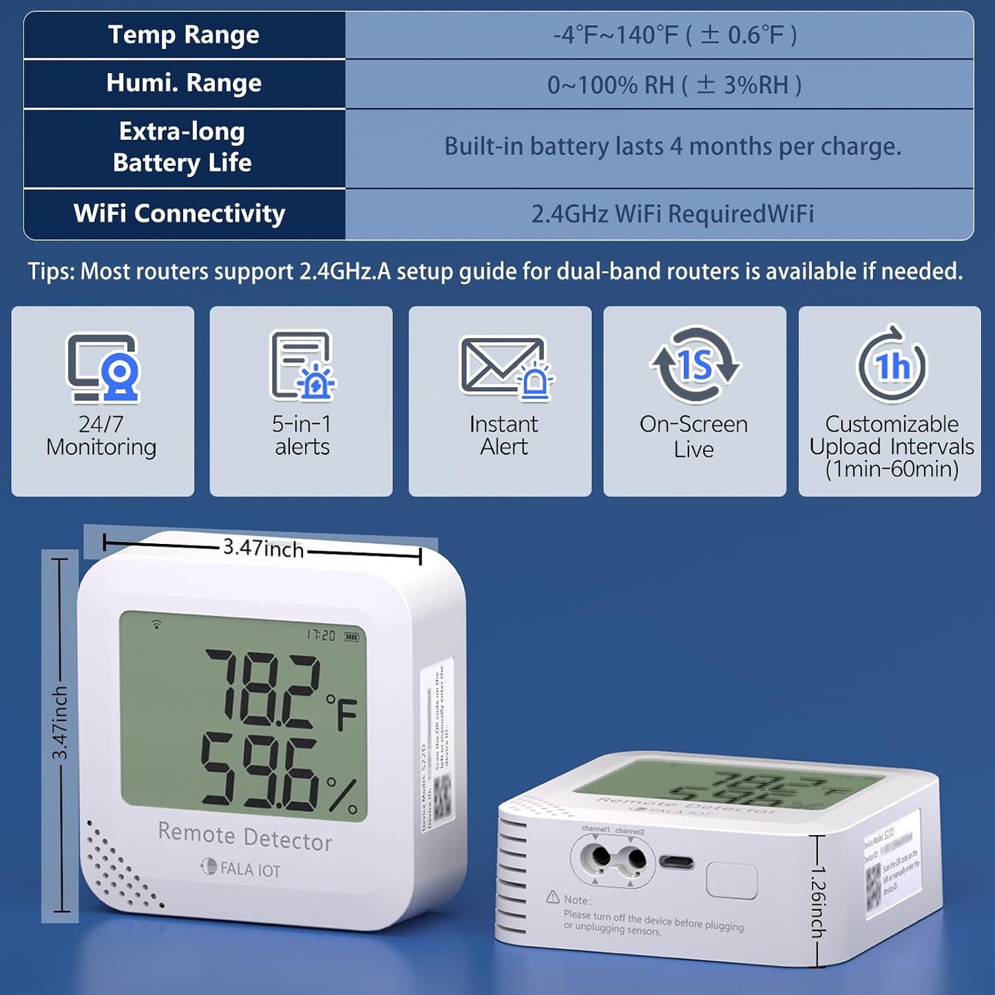 WiFi Temperature & Humidity Sensor, Data Logger, No Subscription | SMS/Email/Sound&Light Alerts, 4 Months Battery Backup, Unlimited Contacts, Idea for RV Pet, Greenhouse, Farm, Server Room