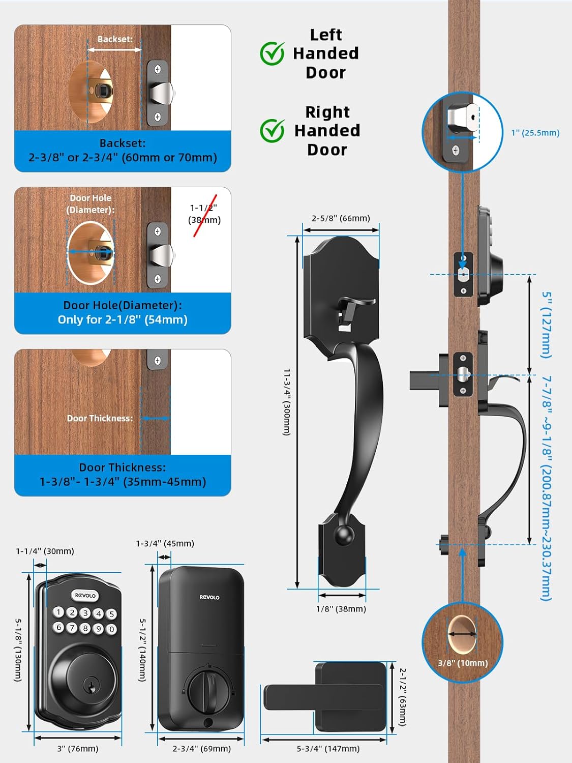 Revolo RE001 Electronic Keypad Deadbolt, Keyless Entry Door Lock, Keyed Entry, Auto Lock, Smart Lock with Handle, Front Door Handle Sets,