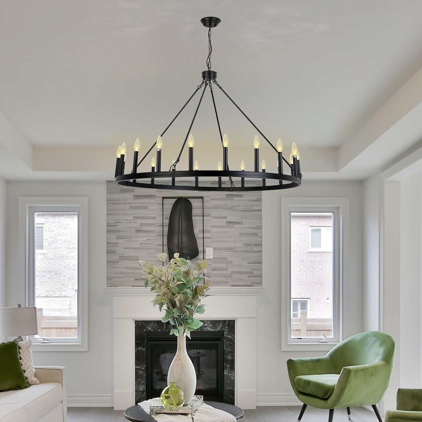 Black Wagon Wheel Chandelier 20 Lights 47.2 Inch, Farmhouse Chandelier with E12 Base, Black Industrial High Ceiling
(Some candlesticks may lean due