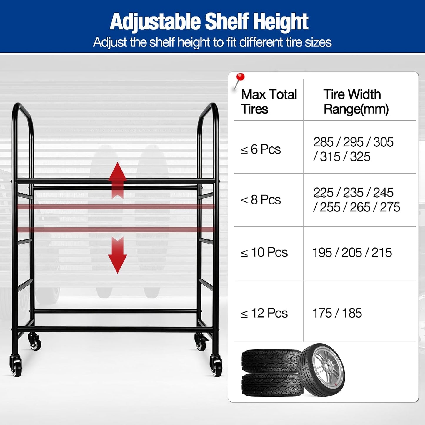 Tire Rack, 56x44x20in Adjustable Tire Storage Rack with 4 Swivel Casters, 200KG/440LBS Weight Capacity Rolling Tire Stand, Heavy Duty Tire Storage Organizer for Garage, Home, Shop