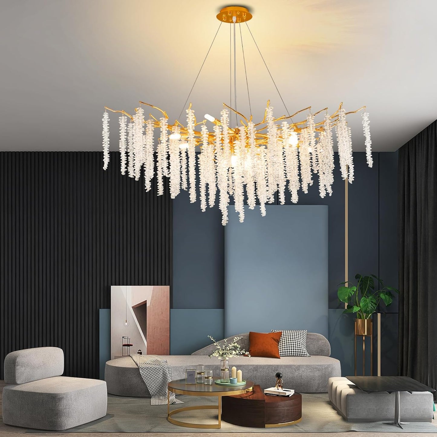 XYDikssn Adjustable Tree Branch Chandelier L43 Inch, Modern Luxury Gold Rectangular Crystal Chandeliers Long Tassel Hanging Light Fixture for Kitchen