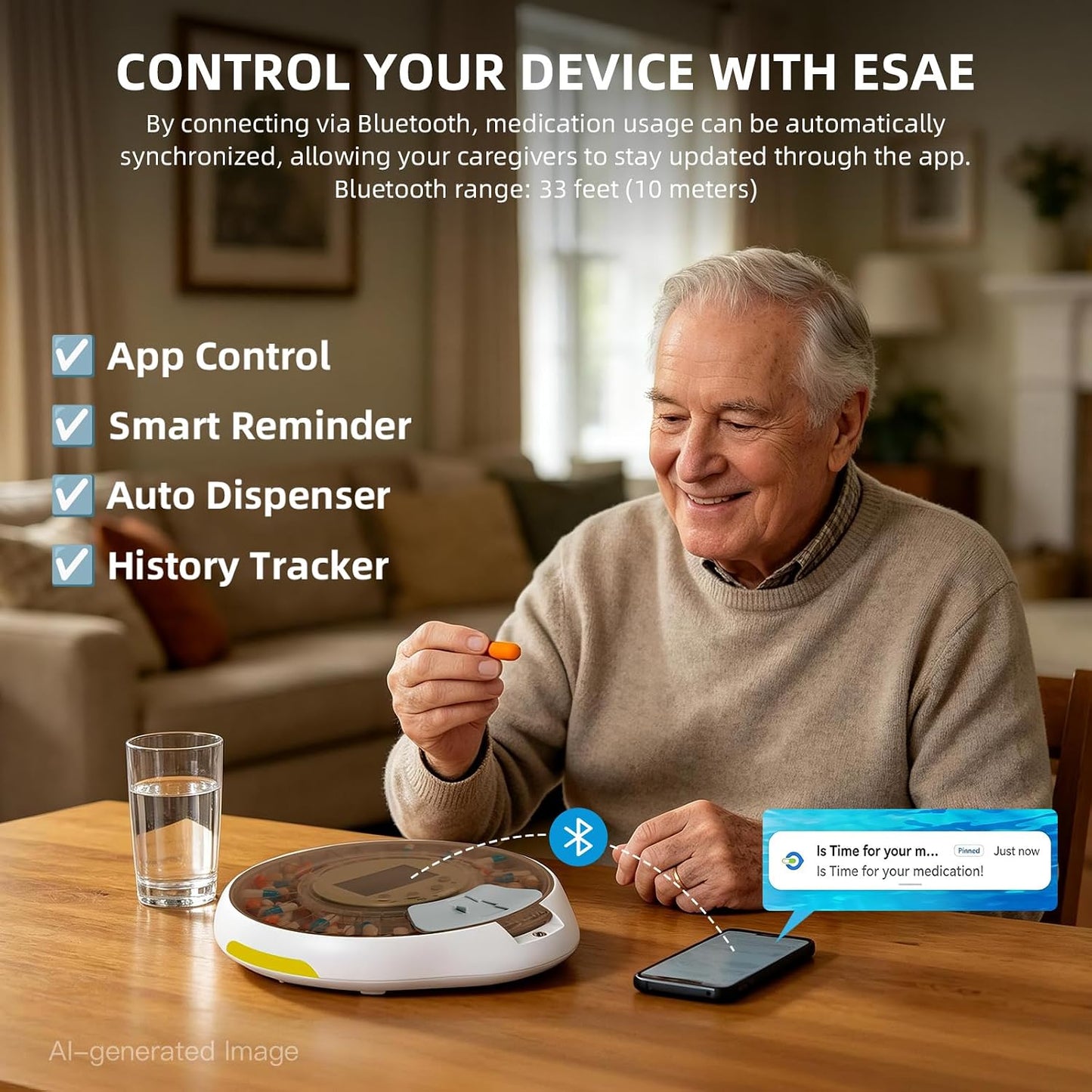 Locked Bluetooth Pill Dispenser for Caregivers App Track Adherence History | Top Lock & Ergonomic Flip Lid Friendly for Seniors, 28-Day Organizer with 9 Custom Alarms & Clear LCD, Sound-Light Reminders