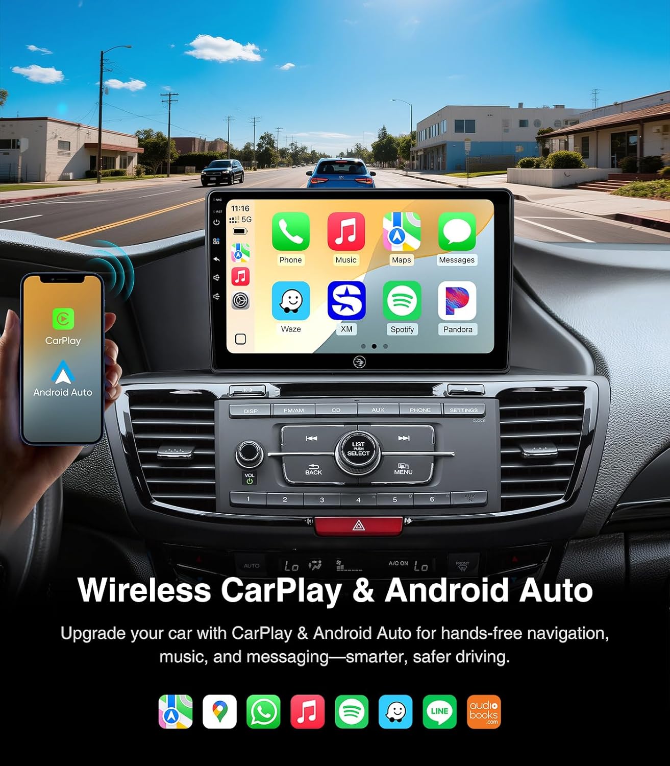 Car Stereo for Honda Accord (2013-2017), 10" Touchscreen Radio Replacement with Wireless CarPlay, Android Auto, GPS Navigation, Bluetooth