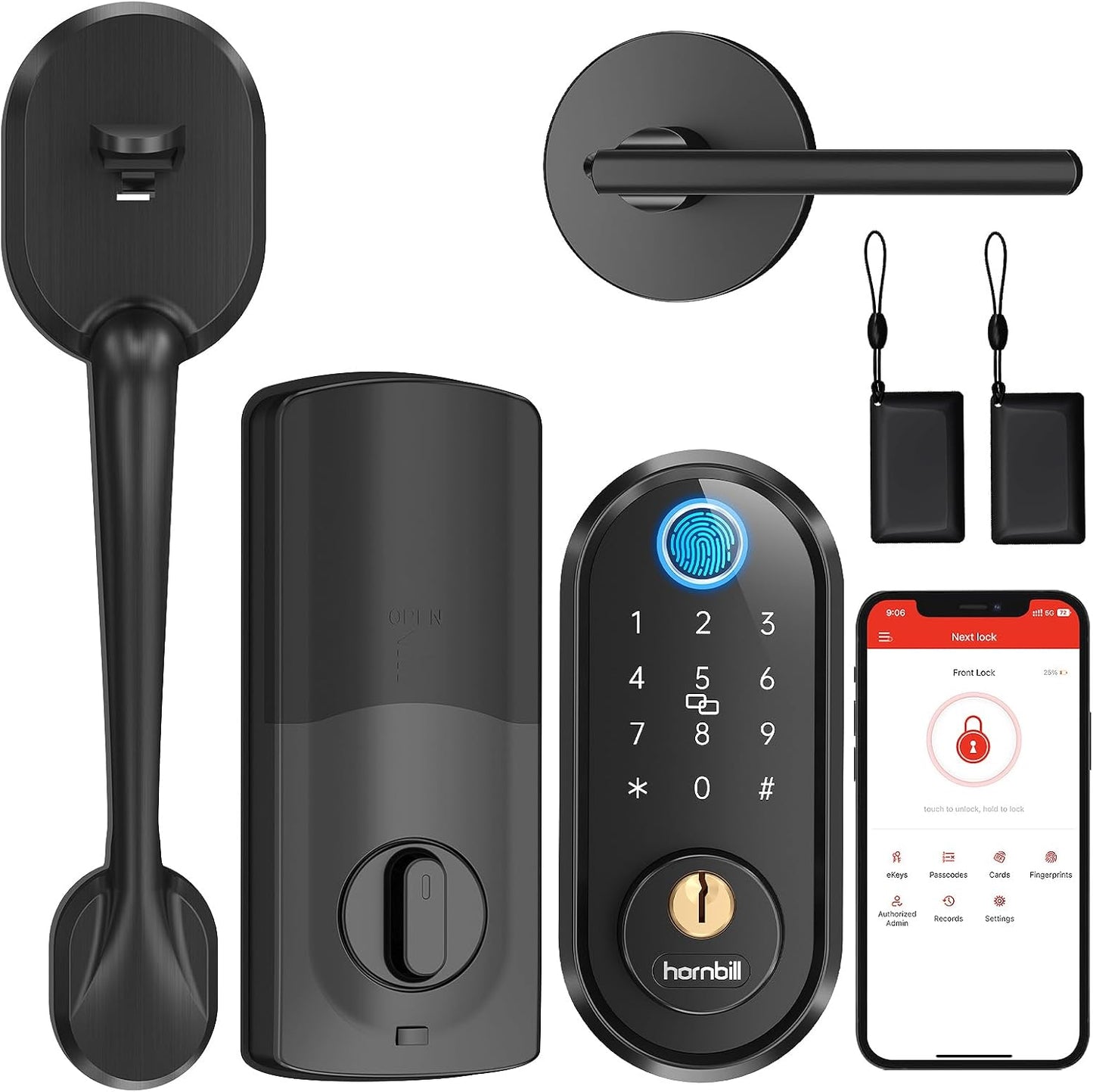 Smart Keyless Entry Door Lock Set - Hornbill Fingerprint Deadbolt Handle Set for Front Door - Bluetooth Electronic Digital Keypad Lock- Auto Lock App