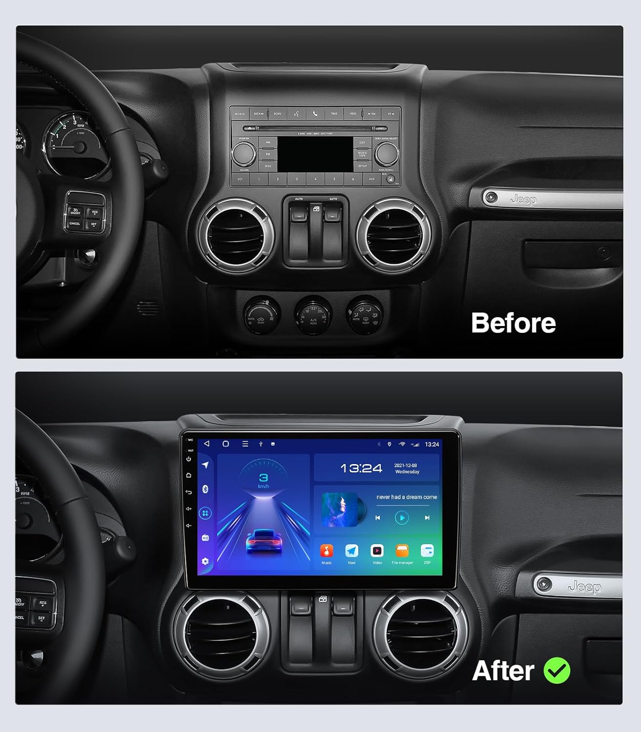 10" Android 13 Car Stereo for Jeep Wrangler JK (2007-2018) & Dodge Ram 1500 2500 3500 (2009-2012) - 8-Core Wireless CarPlay Android Auto Head Unit, QLED 1280x720, Bluetooth, 1080P Camera 10-Inch-Full Screen