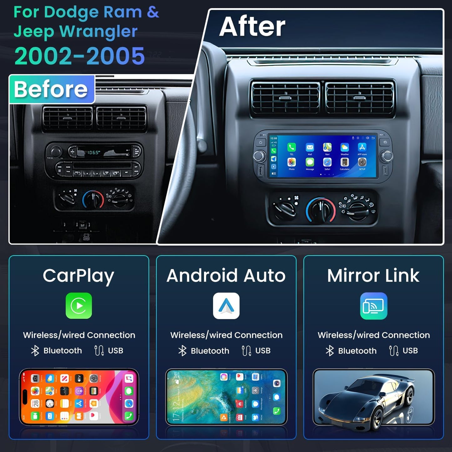 4Core 64ROM Car Radio for Dodge Ram 2006 2007 2008: 1280x800 CarPlay/Android Auto Bluetooth 5G WiFi GPS for Chrysler 300 /300C 2005 2006 2007,for Jeep Grand Cherokee 2005 2006 2007