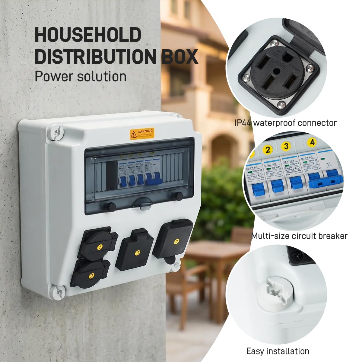 RV Power Outlet Box 50/30/20 Amp – with NEMA 14-50R, TT-30R & 5-20 Receptacles, Individual Breakers, Pre-Wired for Camper, Trailer, EV, Generator, and Temporary Power Panels