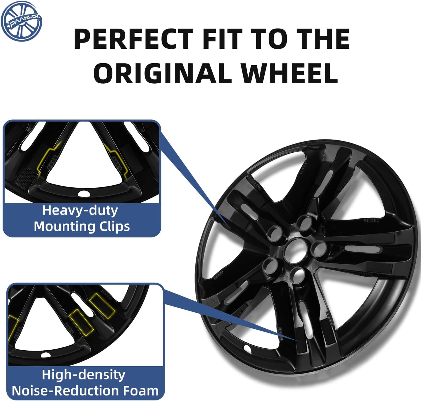 18 Inch Wheel Skins for 2020-2024 Ford Explorer, Fits OEM#LB5Z-1007-A Alloy Wheels, Snap-On Design, 5 Double Spoke, Direct Replacement Gloss Black ABS Wheel Covers 4-Pack