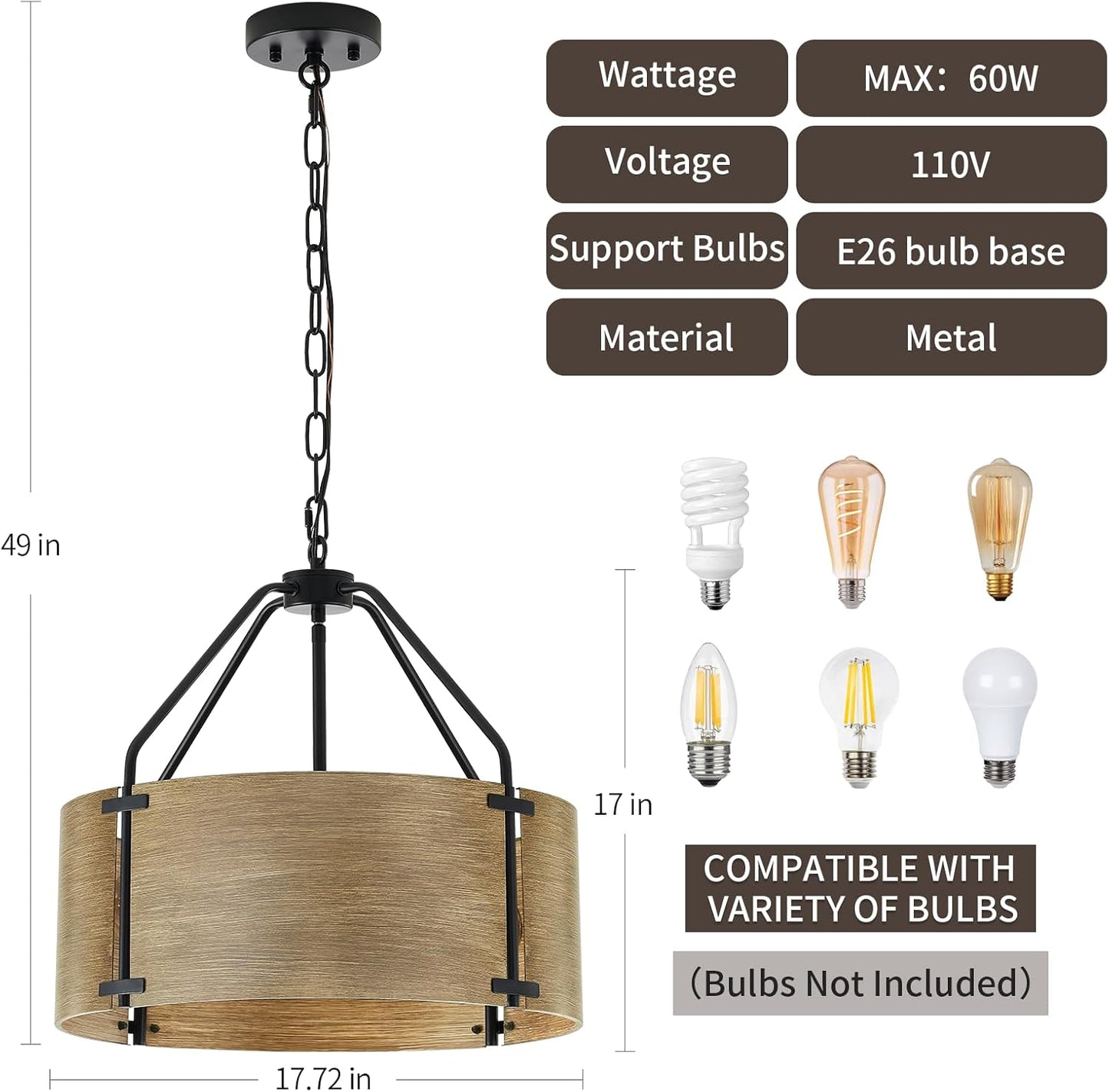 4-Light Farmhouse Drum Chandelier,18' Rustic Chandelier Vintage Industrial Entryway Light Fixture,Round Met