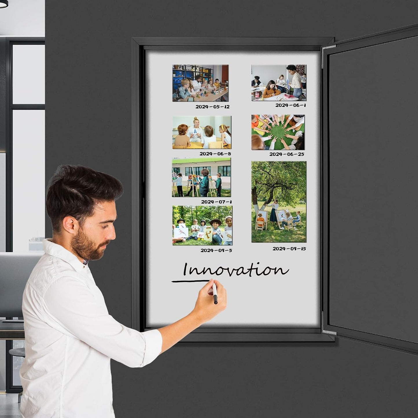 INNOVART Outdoor Enclosed Bulletin Board Weatherproof 36”x24” | Lockable Dry Erase Board with Black Aluminum Frame, Outdoor Enclosed Magnetic Whiteboard with Single Swing-Open Door Black Frame Dry Erase 36"X24"