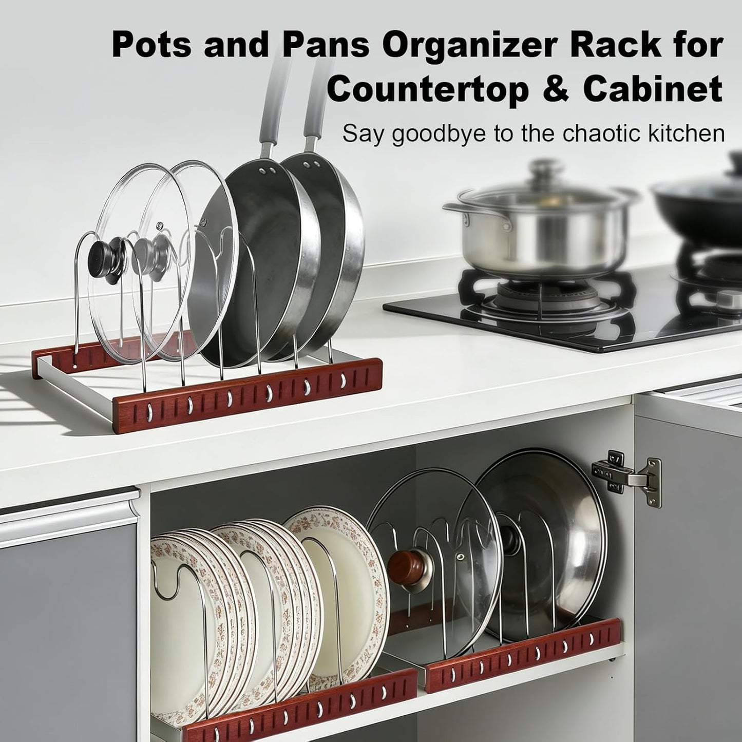 Kitchen Cabinet Organizer - Space-Saving Cutting Board Holder W Oak Base & Self-Adaptive Flexible Design for Tray, Baking Sheet, Cutting Board, Cookware, Skillets - Pot Lid & Pan Organizer Storage