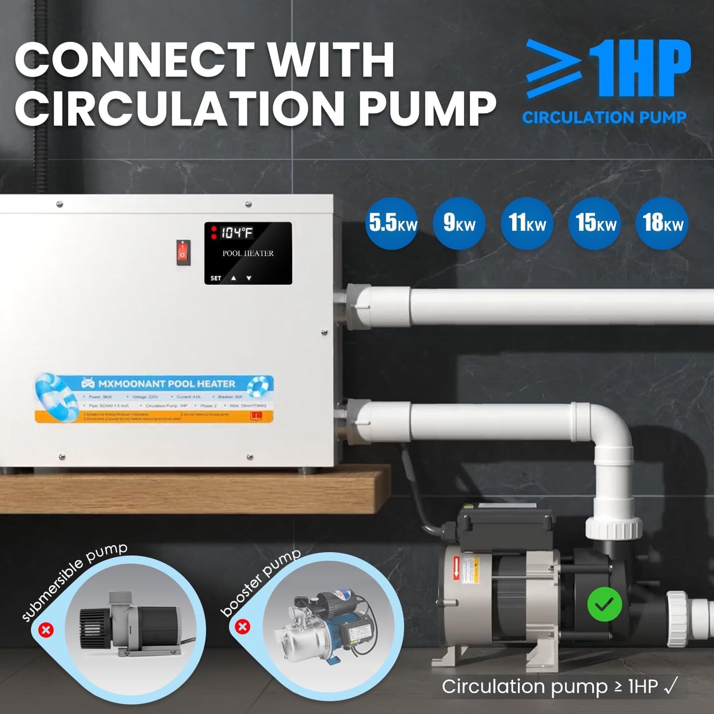 Pool Heater 5.5KW 220V, Electric Swimming Pool Heaters Hot Tub Water Thermostat with Touchscreen for Above Ground Inground Pool, Spa, Bathtub PHS-55
