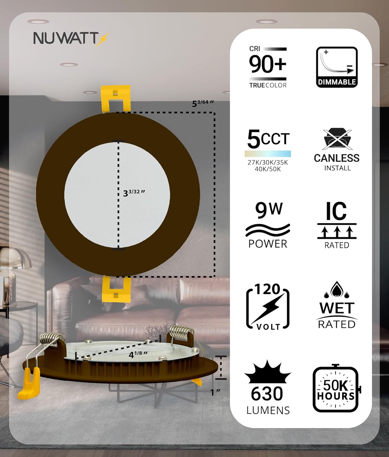 NUWATT 12 Pack 4 Inch Ultra-Thin Bronze LED Recessed Lighting, 5CCT 2700K/3000K/3500K/4000K/5000K Selectable, 630 Lumens, IC Rated, Dimmable Canless Wafer Light, Slim Panel Light, Metal J-Box, ETL