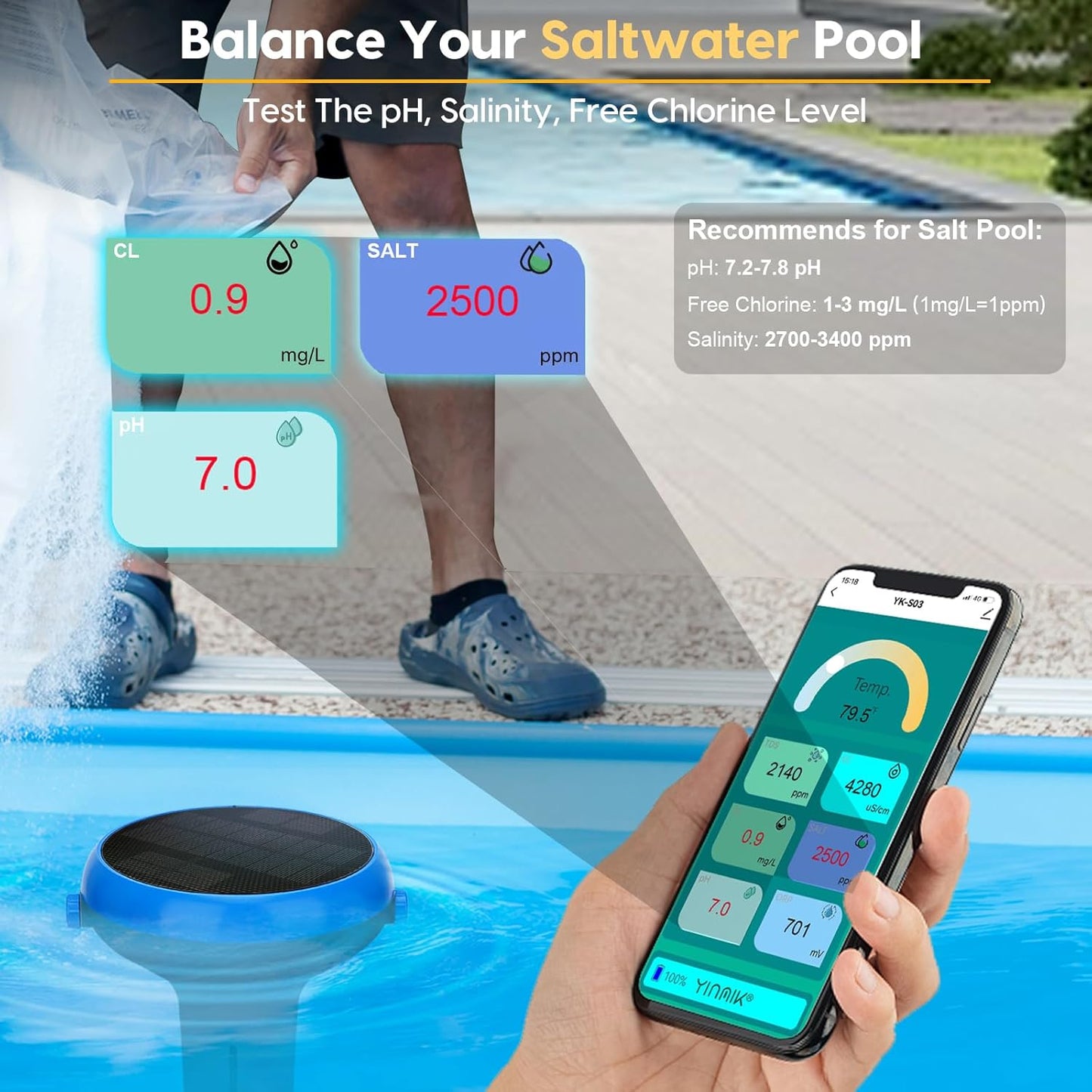 pH Pool Monitor, Smart pH and Chlorine Tester for Swimming Pool, Salt Water Pool 7 in 1 pH Chlorine Salinity ORP EC TDS Temp Monitor for Inground