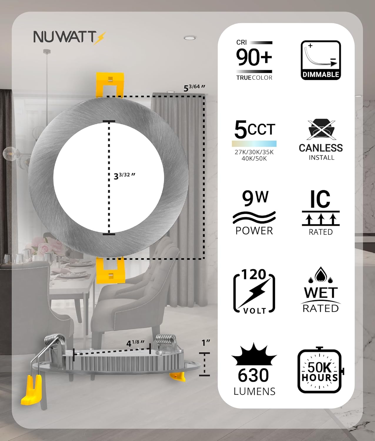 6 Pack, 4 Inch Ultra-Thin Recessed LED Lights Brushed Nickel, 5CCT 2700K/3000K/3500K/4000K/5000K Selectable, 630LM, 9W, IC Rated, Dimmable, Canless Downlight With Junction Box, Energy Star, ETL