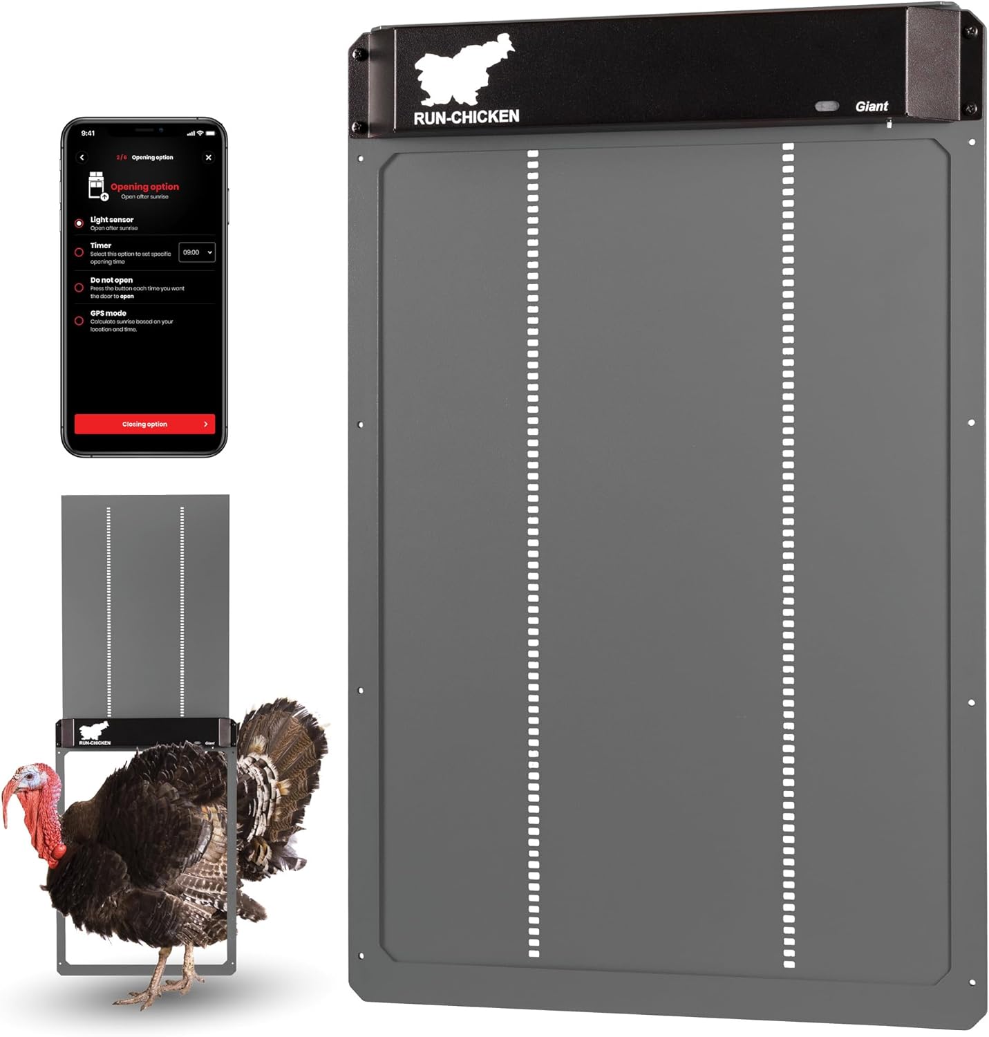 RUN-CHICKEN Door (Gray) Giant for Large Poultry, Turkey Coop Door, Battery Powered, Large Size Automatic Coop Door, Full Aluminum Automatic Chicken