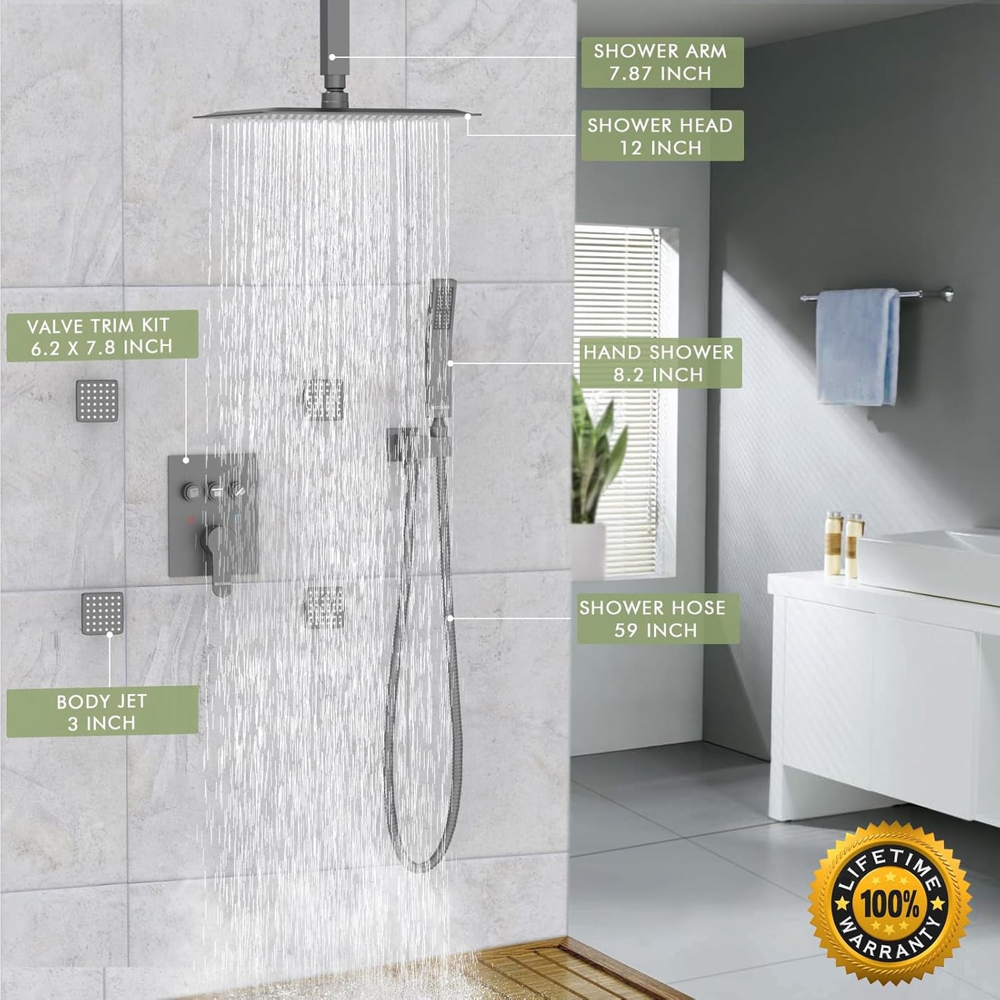 Shower Jets Body Sprays System Bostingner Push Button Shower Jets System 12' Rain Shower with 4PCS Body Jets and Handheld Ceiling Mount Rough-in