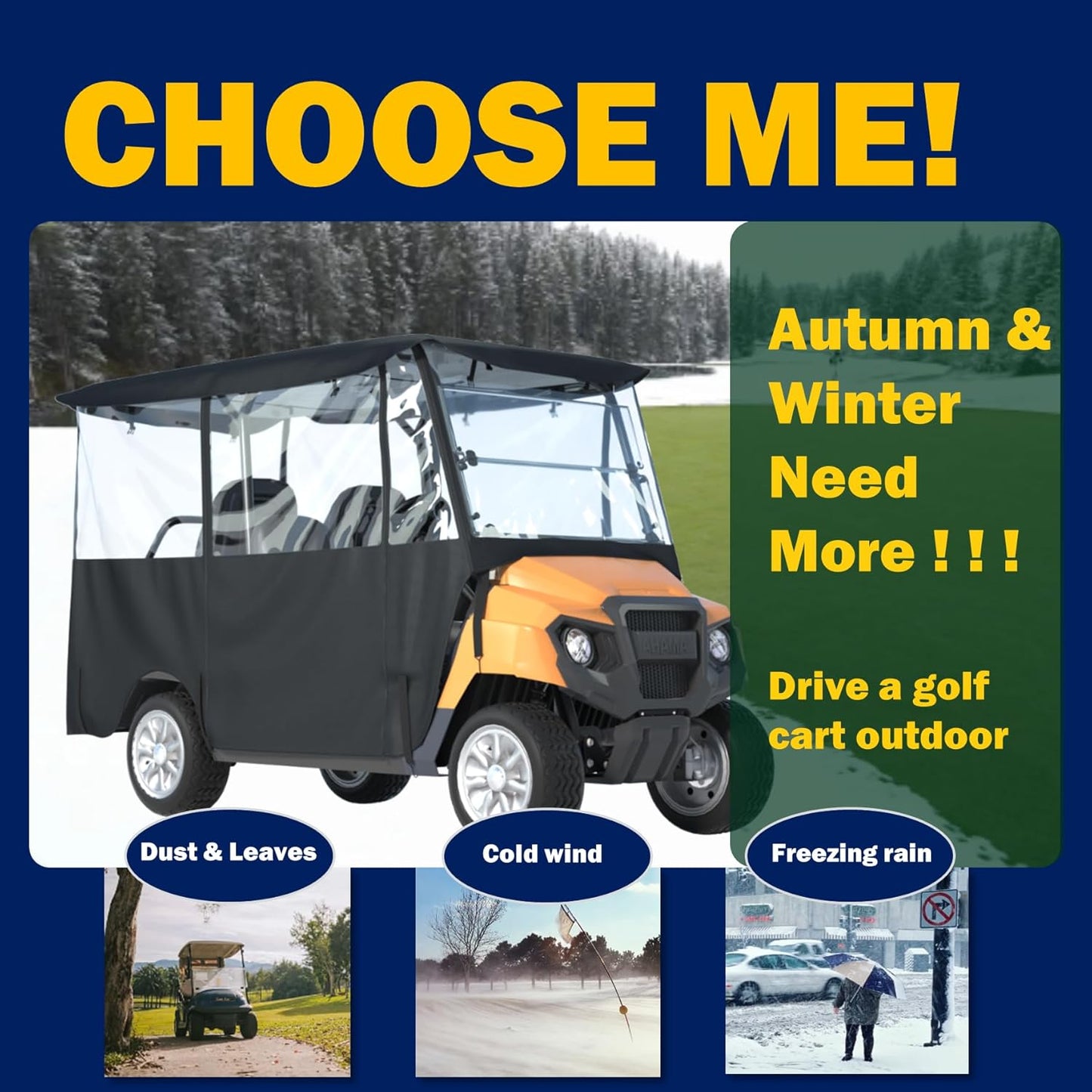 BENVOL Golf Cart Enclosure 4 Passenger –Roof Up to 78", Heavy Duty 900D Waterproof Rain Cover,0.5mm Clear PVC, Fits Club Car Precedent/Onward/Tempo, EZGO & Yamaha, Winter Windprood Cover 4seat-black