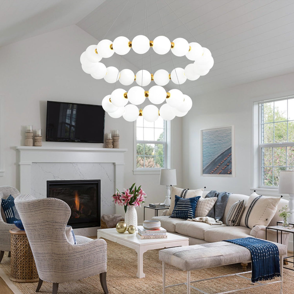 Modern Ring Chandeliers 2 Rings Bubble Chandelier Round Pendant Light Gold