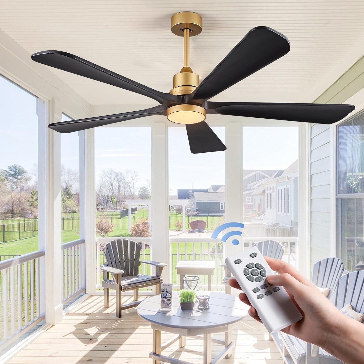 Ceiling Fans with Lights Remote Control - 52 inch Modern Ceiling Fan with Light 5 Black Wood Blades, Reversible Motor for Indoor/Outdoor Patio,