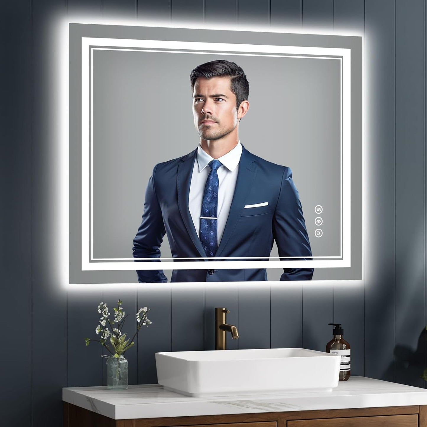 40' x 32' Led Bathroom Mirror with Lights - Anti-Fog Led Lighted Bathroom Vanity Mirror with Lights, Stepless Dimmable Wall Mounted Smart Bathroom