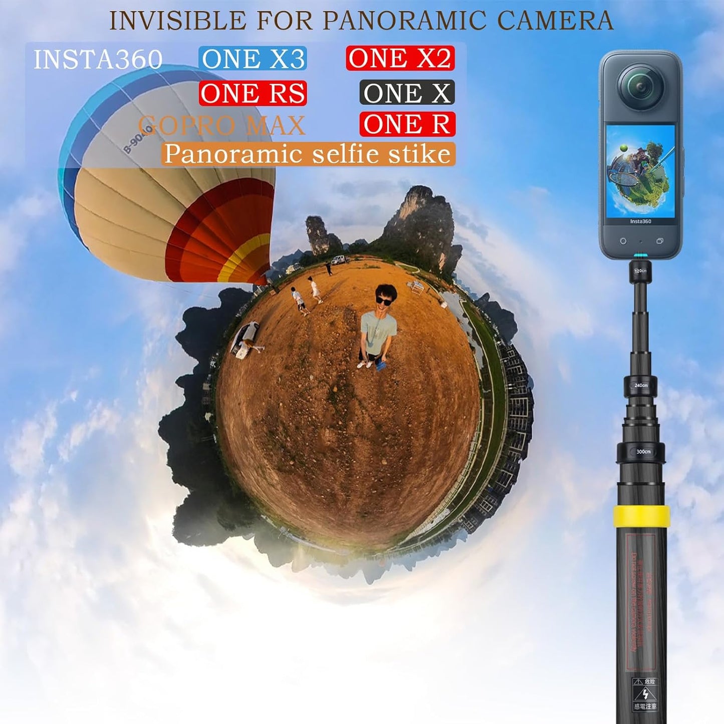 3m Extended Edition Selfie Stick (9.8ft) Carbon Fiber Invisible Pole for Insta360 X5 Insta 360 X4/X3/X2/ONE R/RS/X & GO 2 - Action Camera