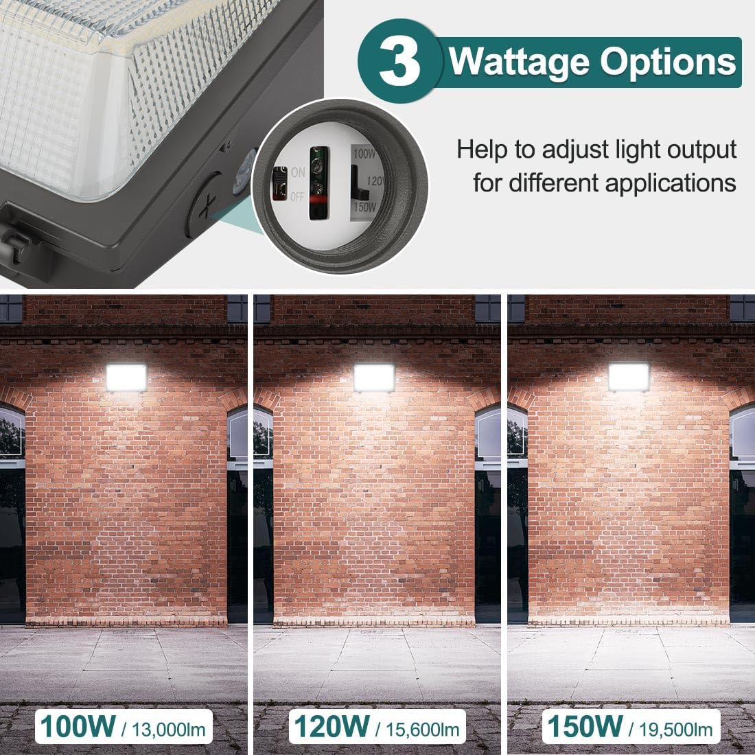 150W LED Wall Pack 120W 100W Adjustable, 19500lm 5000K 120-277V Dusk-to-Dawn Outdoor Lighting Exterior Light for House Parking Lot Warehouse E