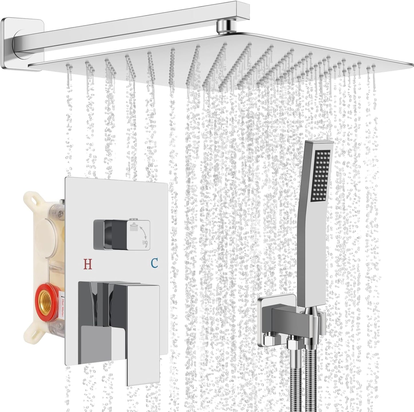 Baetuy Shower Faucet Set, 16 Inch Rainfall Shower System With full metal hand shower and square fixed shower Wall Mounted Shower Fixtures Polished