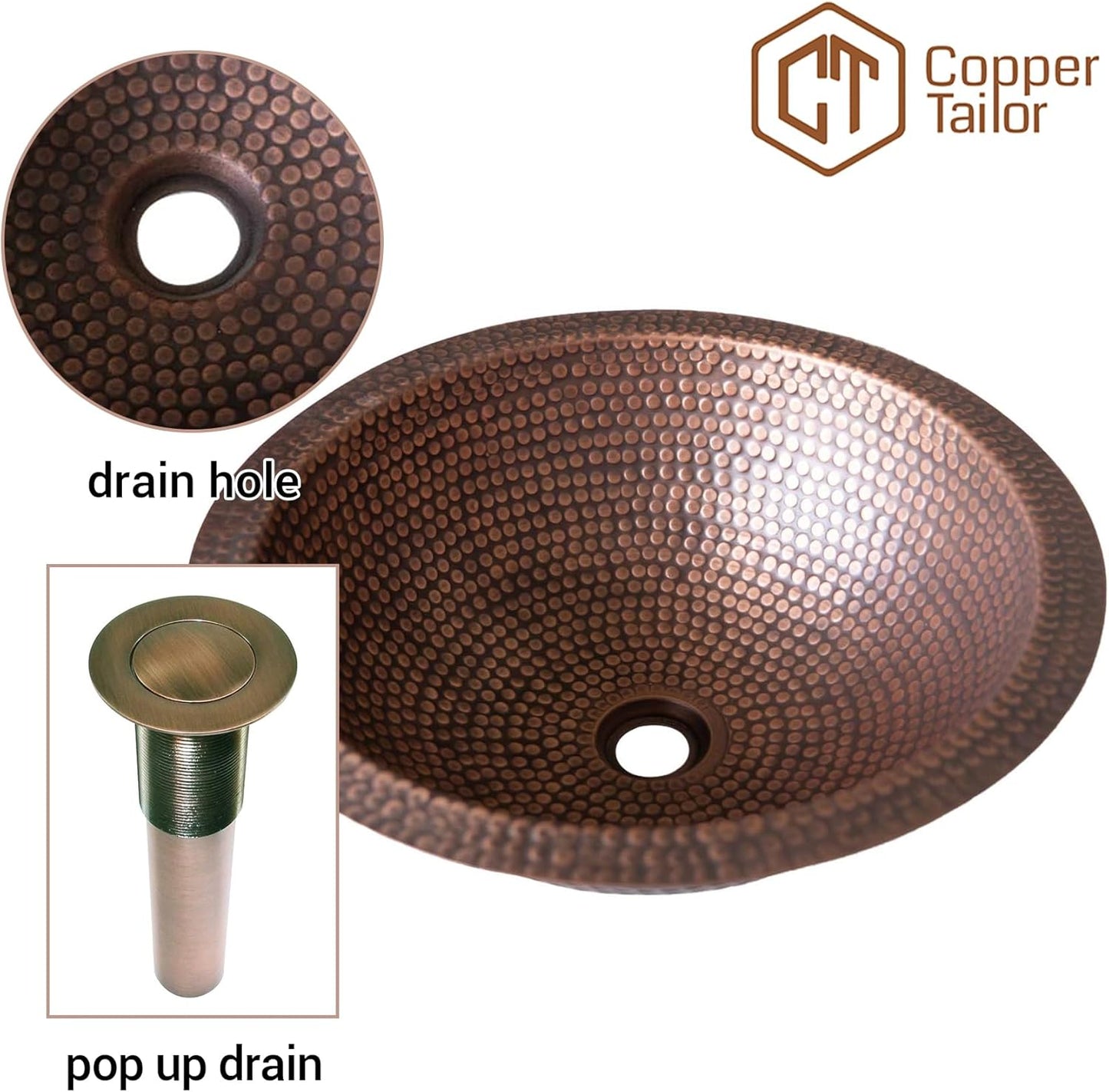 CT Copper Tailor Copper Bathroom Sink Undermount with Pop-Up Drain Stopper,Handmade,Round Shape,Heavy Hammered-Mediu