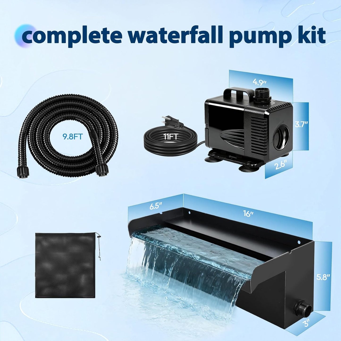 16 Inch Pond Spillway Waterfall Kit with 930GPH Pump, for Up to 6000 Gallon Ponds, Garden Patio Outdoor Water Feature,waterfall for pond(3-year warranty)