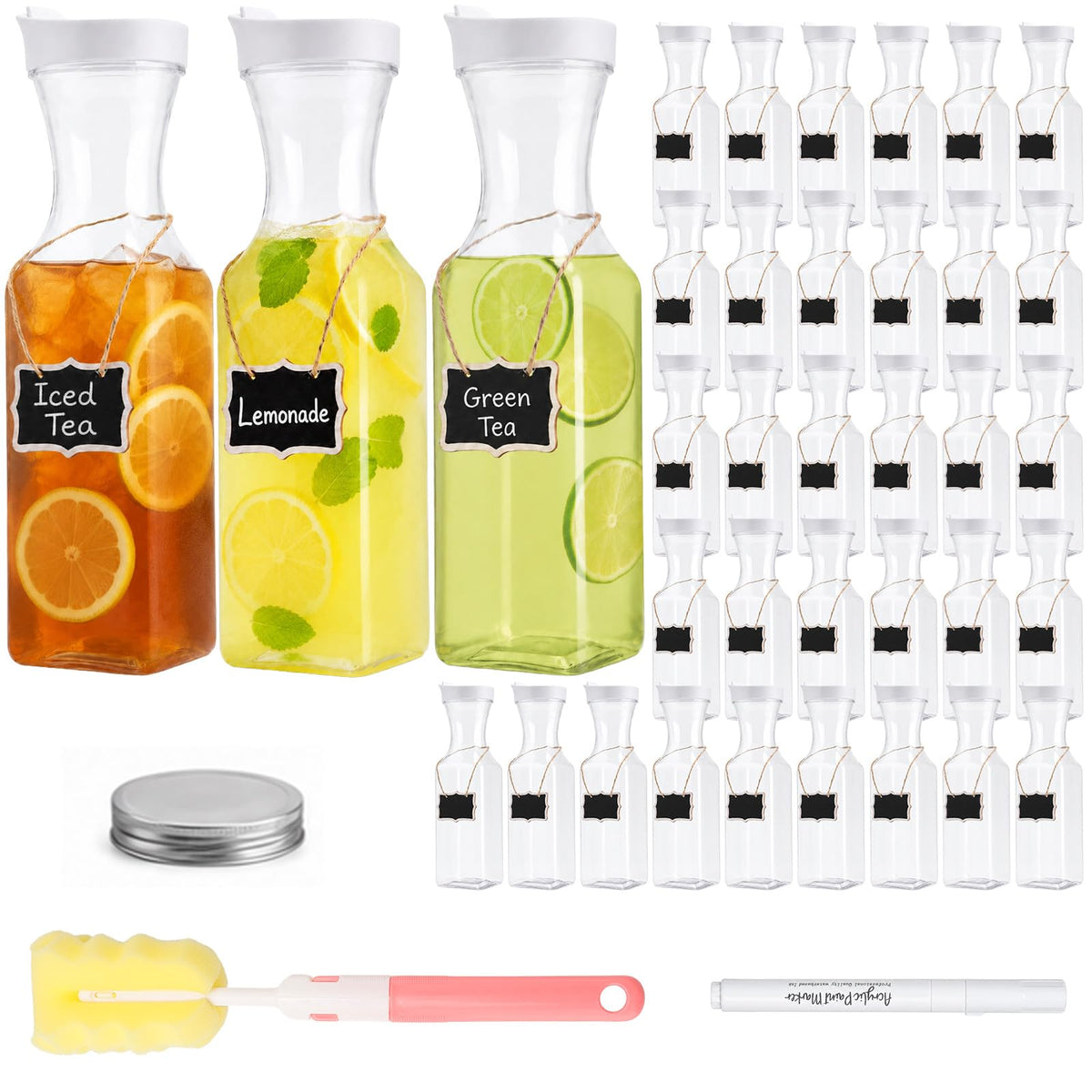 OBKJJ 36-PCS 33oz Plastic Carafe with Lid – Clear Water Pitcher, Juice Container for Refrigerator, Mimosa Bar & Parties