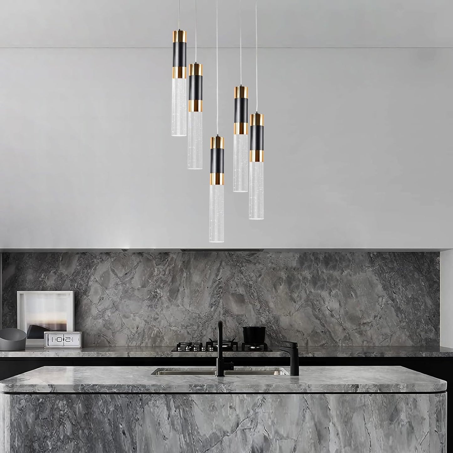 ELEKICO 5-Light Modern Bubble Crystal Black and Gold Led Pendant Light Fixture Kitchen Island Pendant Lighting for Kitchen Island Bedroom Hallway