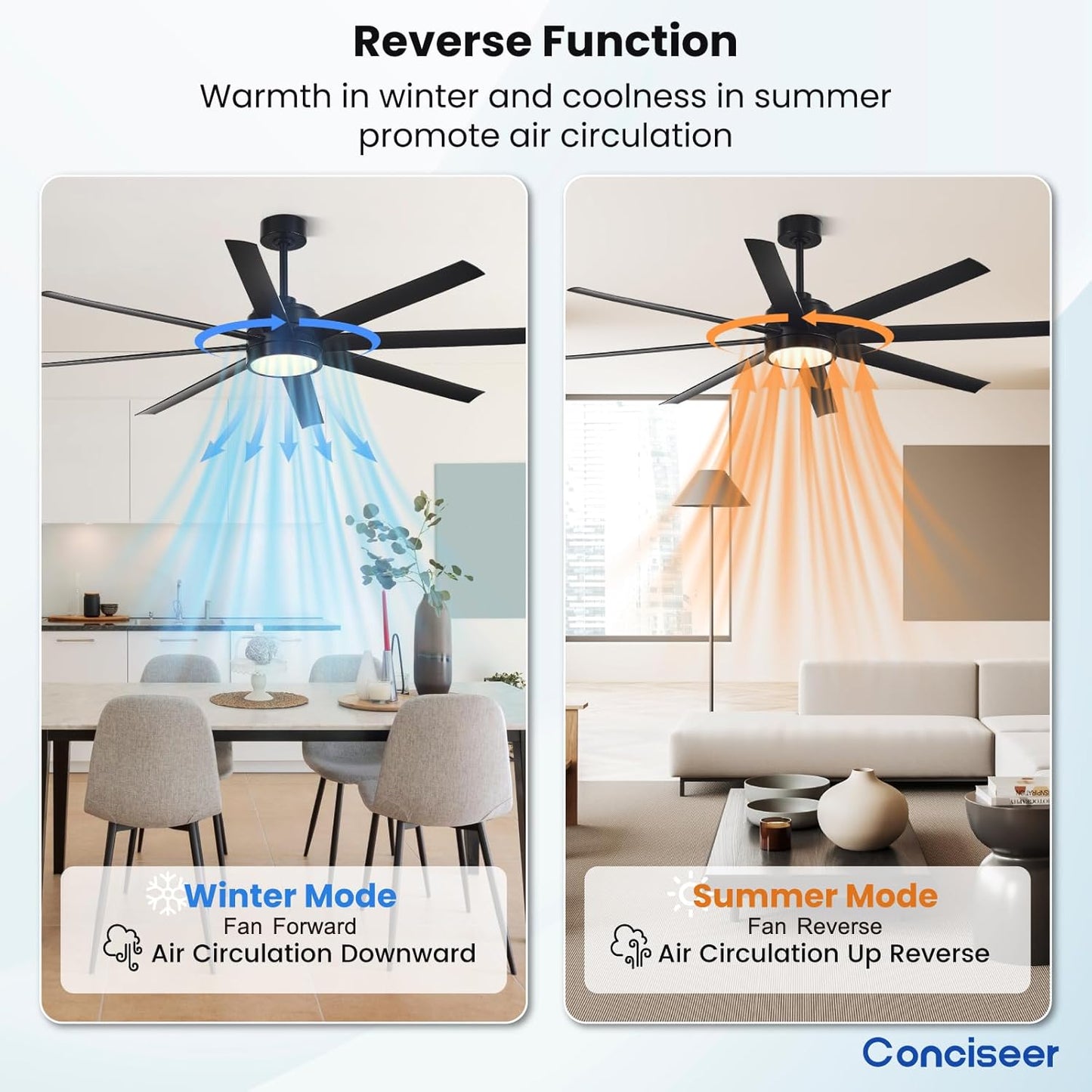 Conciseer Morden Ceiling Fans with Lights,65 Inch Ceiling Fans with Remote for Bedroom Living Room Kitchen, 8 Blades 6 Speed Reversible Quiet DC