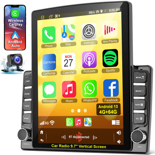 Double din car Radio 9.7" Touch Screen Head Unit Android 15 Stereo, Support Wireless carplay Android auto, GPS Navigation, FM Bluetooth Steering Wheel Control, Mirrorlink, Backup Camera,4G+64G, 8 Core
