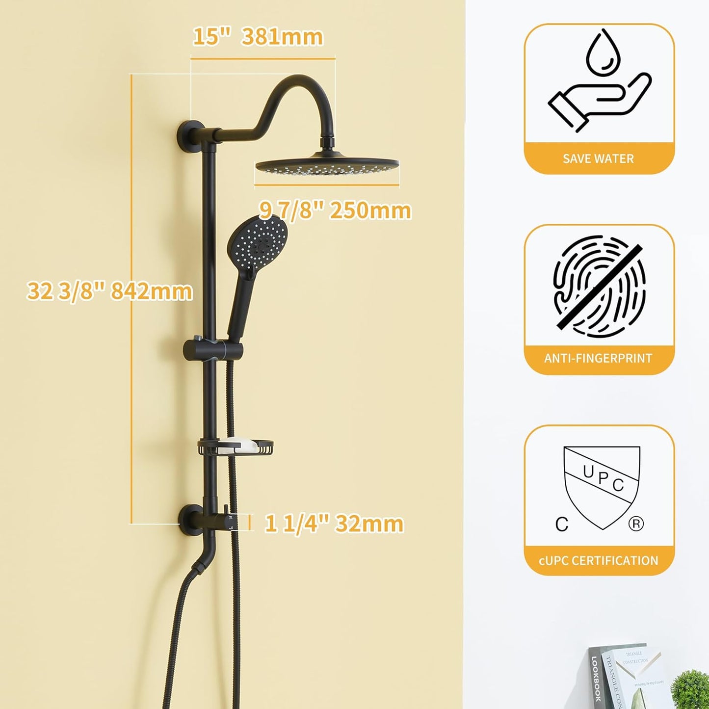 MONDAWE Exposed Shower System 8-Inch Matte Black Shower Head with Handheld Sprayer 3-Setting, Slid Bar Shower System