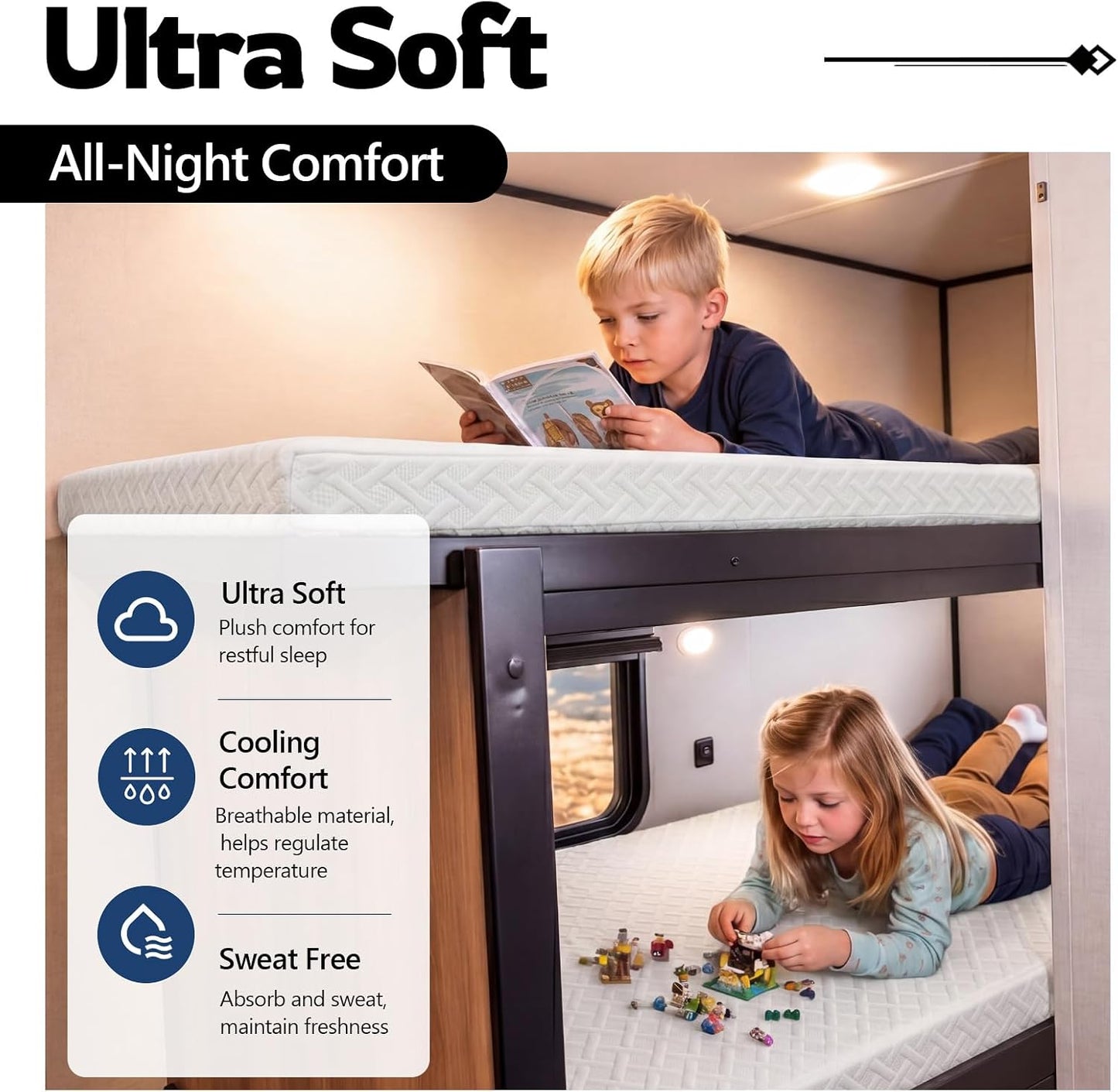 RV Corner Bunk Mattress, 4" Thick Memory Foam, Reversible Dual Comfort Design, Breathable Removable Cover, 51" W x 74" L with 22" Diagonal Corner Cut, for Campers & Trailers