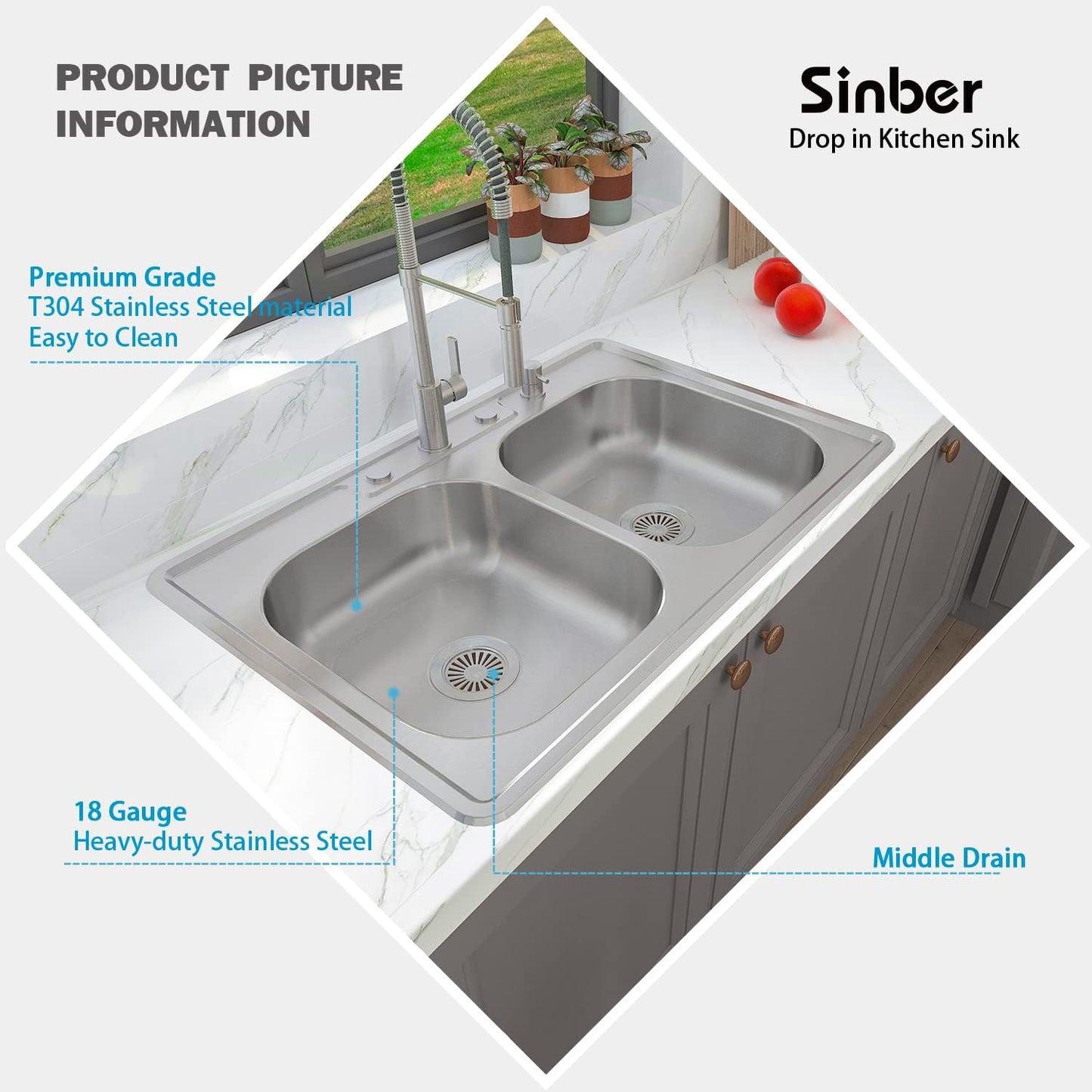 Sinber Drop in Double Bowl 304 Stainless Steel Kitchen Sink (33 x 22 x 9(Black Sink Only)) (33 x 22 x 9(Black Sink Only))