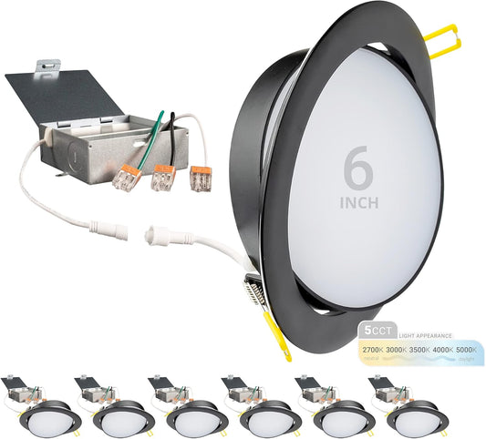 NUWATT | 6 Pack | 6 Inch Gimbal Ultra-Thin LED Recessed Light, 2700K/3000K/3500K/4000K/5000K Selectable, 950 Lumen Dim