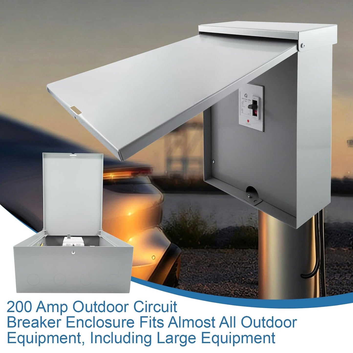200A RV Disconnect Switch 400V NEMA 3R Pre-Wired Breaker Box | Galvanized steel outdoor enclosure for solar, generator, and camper power. Includes molded case circuit breaker.